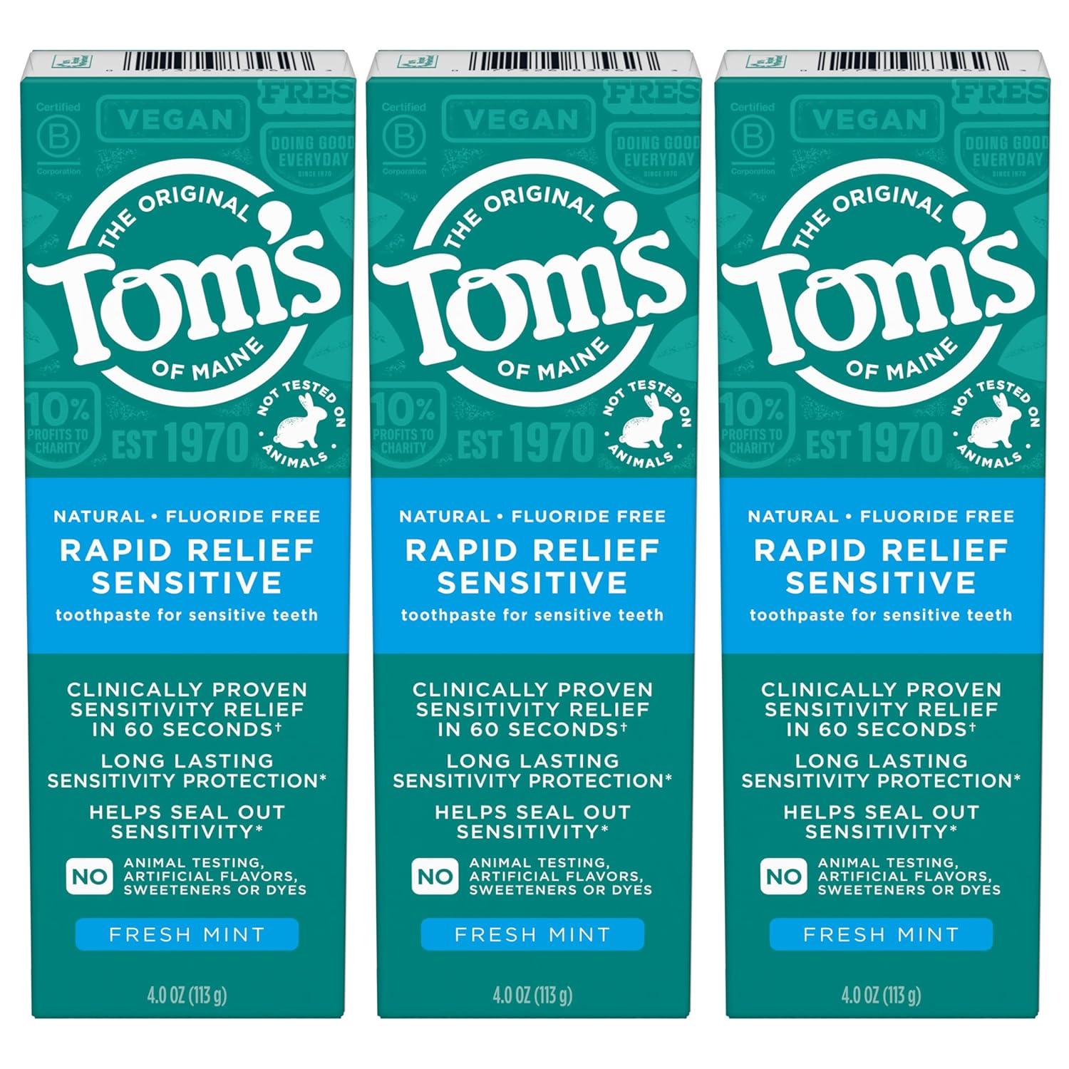 image:imageToms of Maine Rapid Relief Plus Sensitive Toothpaste Fluoride Free 45 Oz 3 Pack Sensitive Teeth Toothpaste Enamel Safe Builds Arginine and Calcium Shield Around Teeth Gentle MintRapid Relief