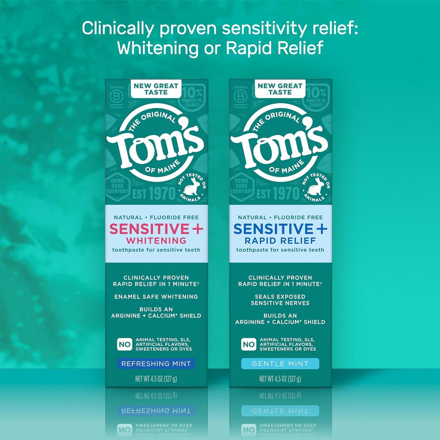 image:imageToms of Maine Rapid Relief Plus Sensitive Toothpaste Fluoride Free 45 Oz 3 Pack Sensitive Teeth Toothpaste Enamel Safe Builds Arginine and Calcium Shield Around Teeth Gentle MintSensitive Whitening