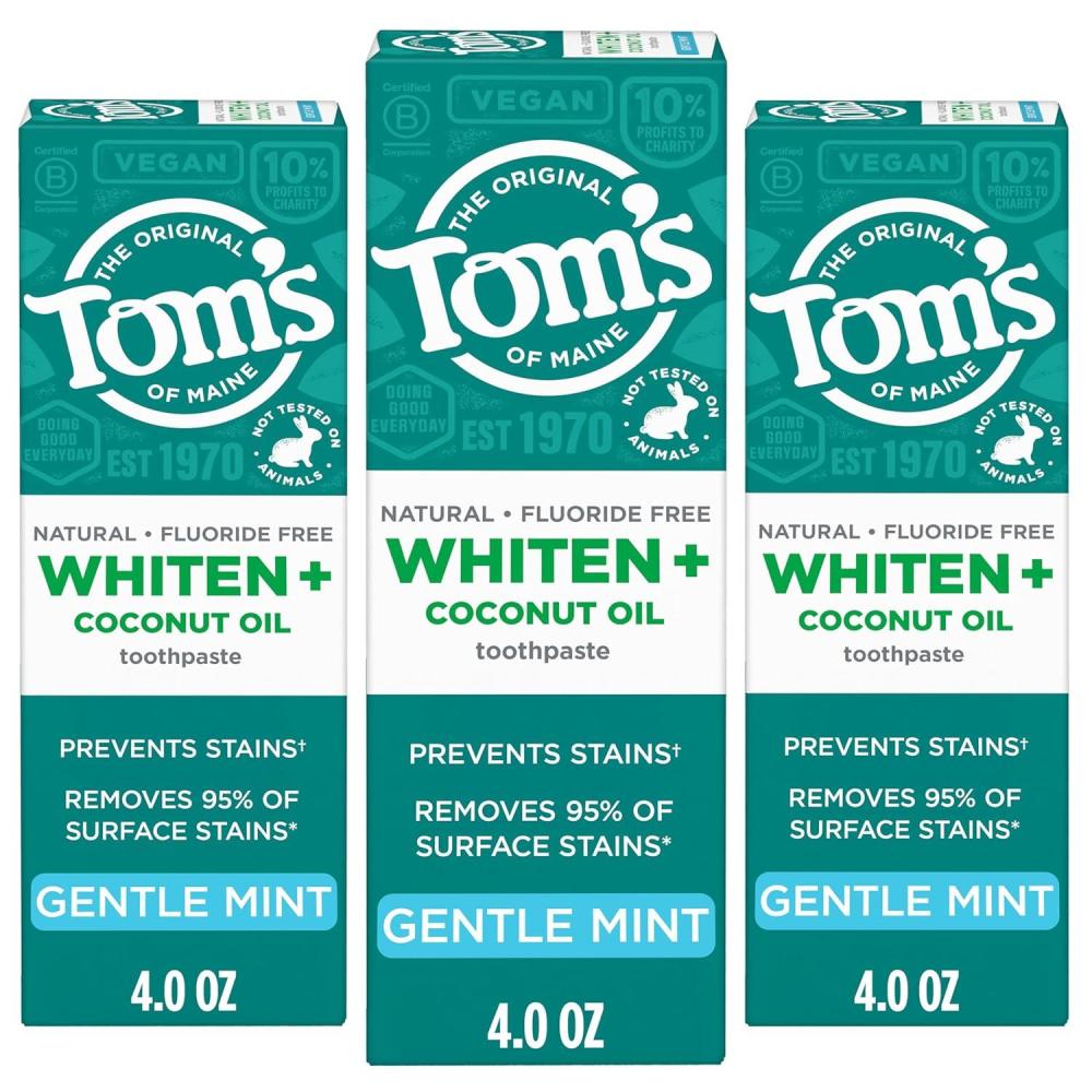 image:imageToms of Maine Whiten Plus Coconut Oil Fluoride Free Toothpaste Natural Whitening Toothpaste with PlantBased Cleansers Whitens Without Causing Sensitivity Gentle Mint 40 Oz Pack of 3