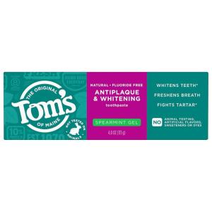 Tom’s of Maine Antiplaque and Whitening Fluoride Free Natural Toothpaste Gel, Vegan, Spearmint, 4 Ounces (3 Pack)