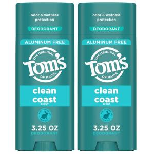 Tom’s of Maine Mountain Spring Natural Deodorant for Men and Women, Aluminum Free, 3.25 oz, 2-Pack(Clean Coast)