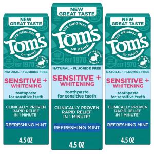 Tom’s of Maine Rapid Relief Plus Sensitive Toothpaste, Fluoride Free, 4.5 Oz, 3 Pack, Sensitive Teeth Toothpaste, Enamel Safe, Builds Arginine and Calcium Shield Around Teeth, Gentle Mint(Sensitive+ Whitening)