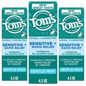 Tom’s of Maine Rapid Relief Plus Sensitive Toothpaste, Fluoride Free, 4.5 Oz, 3 Pack, Sensitive Teeth Toothpaste, Enamel Safe, Builds Arginine and Calcium Shield Around Teeth, Gentle Mint(Sensitive+ Rapid Relief)