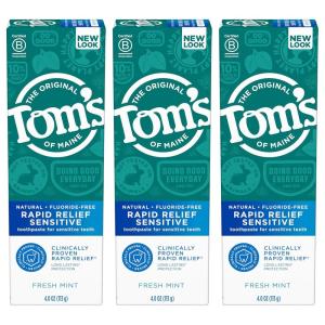 Tom’s of Maine Rapid Relief Plus Sensitive Toothpaste, Fluoride Free, 4.5 Oz, 3 Pack, Sensitive Teeth Toothpaste, Enamel Safe, Builds Arginine and Calcium Shield Around Teeth, Gentle Mint(Rapid Relief)