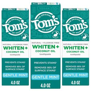 Tom’s of Maine Whiten Plus Coconut Oil Fluoride Free Toothpaste, Natural Whitening Toothpaste with Plant-Based Cleansers, Whitens Without Causing Sensitivity, Gentle Mint, 4.0 Oz (Pack of 3)