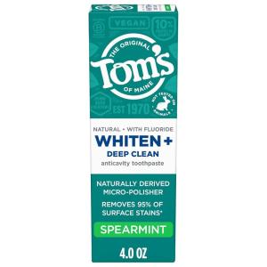 Tom’s of Maine Whiten Plus Deep Clean Whitening Toothpaste, Natural Whitening Toothpaste with Plant-Based Cleansers, Enamel Safe Formula, Whitens Without Causing Sensitivity, Spearmint, 4.0 Oz(Spearmint – Fluoride)
