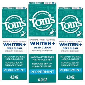 Tom’s of Maine Whiten Plus Deep Clean Whitening Toothpaste, Natural Whitening Toothpaste with Plant-Based Cleansers, Enamel Safe Formula, Whitens Without Causing Sensitivity, Spearmint, 4.0 Oz(Peppermint – Fluoride)