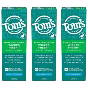 Tom’s of Maine Wicked Fresh! Natural Anticavity Toothpaste, with Fluoride, 3 Pack, 4.0oz(Peppermint)